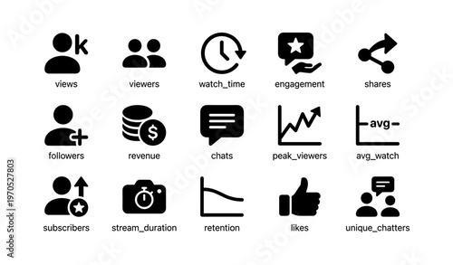 Social media metrics icons: views, engagement, revenue, subscribers, peak viewers