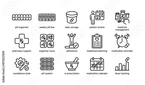Pill organizer icons for medication management and adherence planning