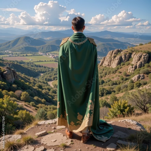 Regal Figure in Emerald Cloak Gazes Over Ancient Lush Valley from Windswept Hilltop