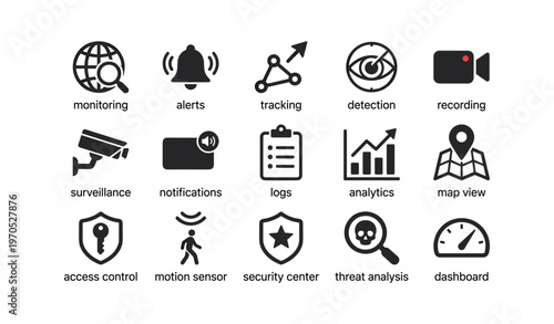 Security system icons collection for monitoring alerts tracking and detection