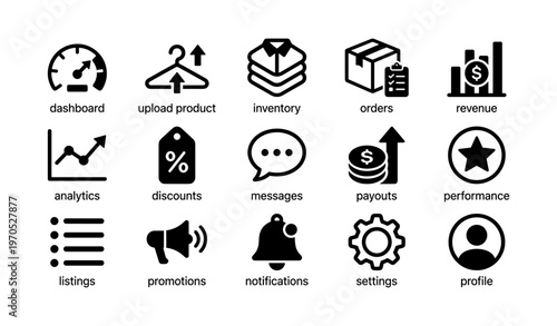 E-commerce icons set: dashboard, upload, inventory, orders, revenue, analytics, discounts, messages, payouts, performance