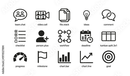 Team collaboration icons: video call, workflow, milestone, and more