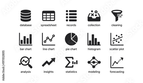 Data management icons: chart types, statistics, analysis tools