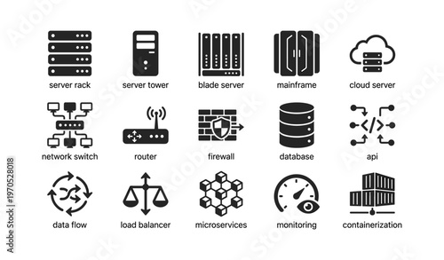 Set of data center and network infrastructure icons
