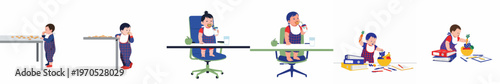 Illustrations showing a baby's growth and developmental milestones as they explore food, drink, and office supplies at a desk.