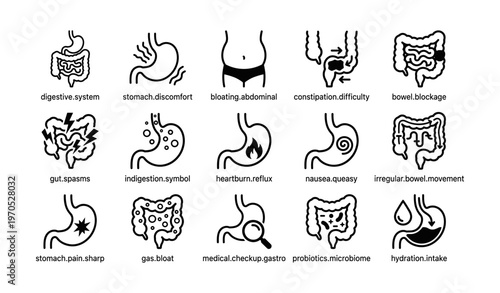 Digestive system icons representing abdominal discomfort and gastrointestinal issues