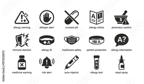 Allergy icons set: warning, protection, medicine, alert symbols in black and white