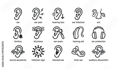 Ear health icons illustrating conditions and devices for hearing and protection