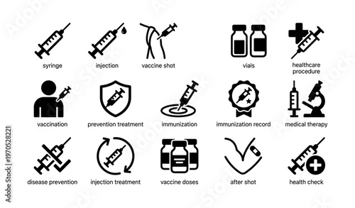 Medical vaccination icons for injection, immunization, prevention, and healthcare