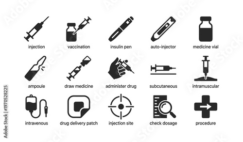 Vector icons of medical injection tools and procedures