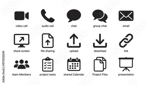 Communication and collaboration icons: video call, chat, email, file sharing, calendar