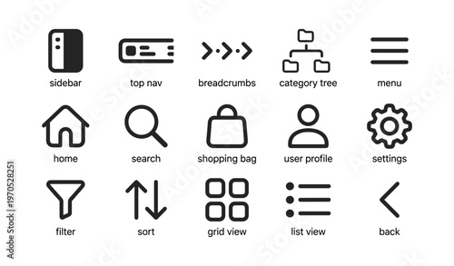 Set of black and white ui icons for navigation and user interface design