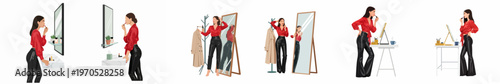Sequential flat illustrations of a stylish woman in a red blouse and leather pants applying lipstick and getting ready in front of various mirrors.