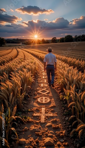 Wise Farmer Walks Through Wheat Field at Dusk, Ancient Symbols Emerge from the Earth