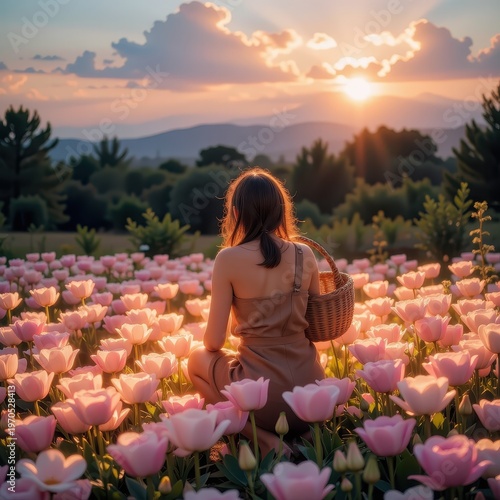 Farmer in a mystical field of radiant blooms at sunset, impressionistic fantasy style