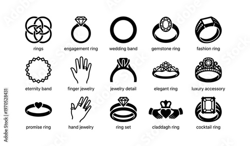 Black and white icons of diverse ring styles including engagement and wedding bands