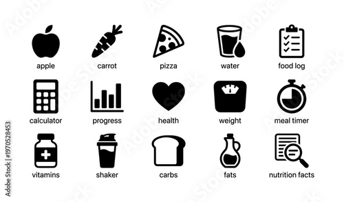 Health and nutrition icons including food, exercise, and measurement tools