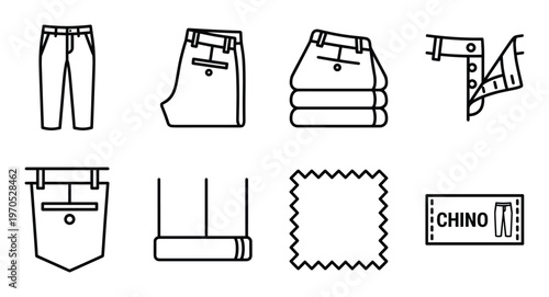 Chino pants manufacturing and tailoring icons including fabric swatches pockets and folding methods