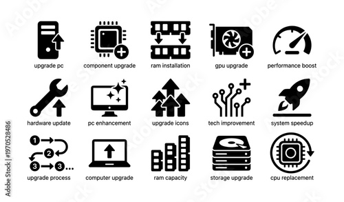 Computer hardware upgrade icons: pc enhancement and system boost elements