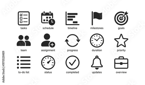 Business icons set: tasks, schedule, milestones, goals, progress