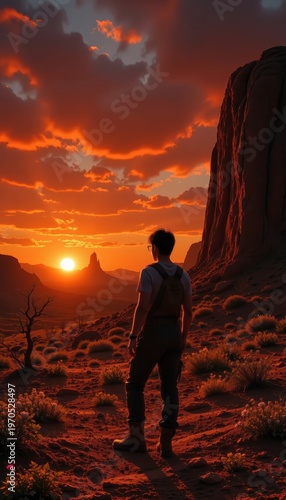 Lone Farmer Gazes at Fiery Sunset Over Desolate Desert Landscape