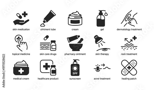 Medical skin care icons set featuring medication, ointment, and treatment elements