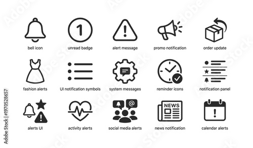 Notification icons set: alerts, system messages, and calendar reminders