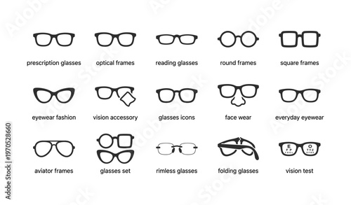 Variety of eyewear styles and icons including prescription, optical, and fashion glasses