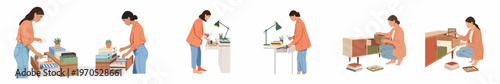 Set of illustrations featuring a woman organizing drawers, cabinets, and workspaces to create an orderly and productive home environment.