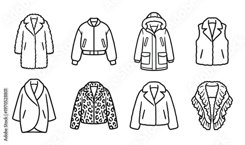 Collection of fashionable jackets and outerwear line art on transparent checkered background vector graphics