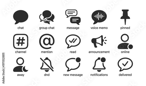Communication icons set: chat, message, voice, notification symbols for apps