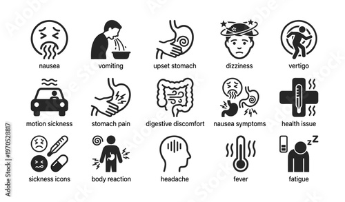 Symptoms icons: nausea, vomiting, stomach pain, dizziness, vertigo, fever