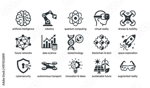 Icons representing cutting-edge technologies: ai, robotics, quantum, vr, drones