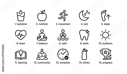 Icons representing health and wellness: hydration, nutrition, movement, rest, and more