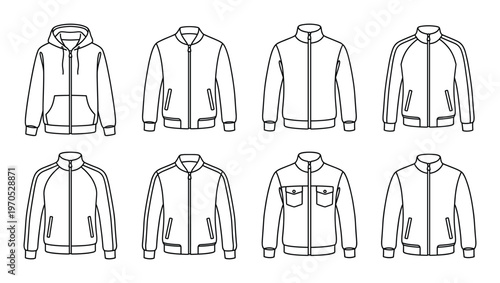Collection of outerwear clothing line art illustrations showing different jacket styles for men