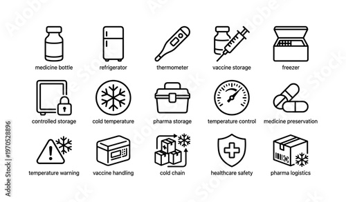 Icon set for vaccine storage and temperature control in pharmaceutical logistics