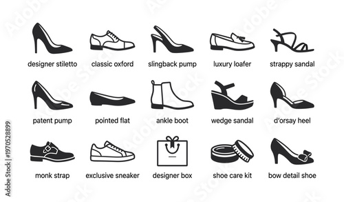 Collection of stylish shoe icons: stilettos, sandals, loafers, and more