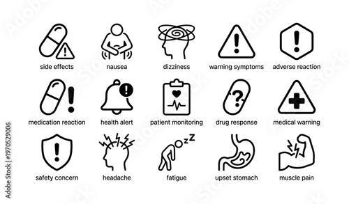 Medical alert icons for side effects and health warning symbols
