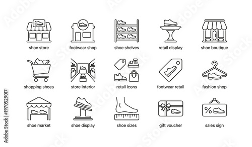 Shoe retail icons collection including store, display, shopping, and fashion elements