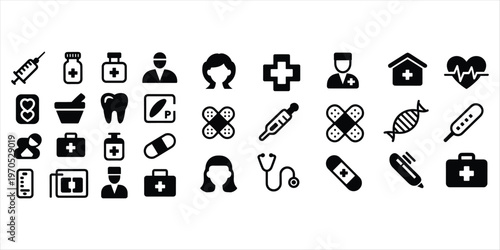 Diverse Medical and Health Icons with Syringes, Pills, and Health Symbols medicine healthcare
