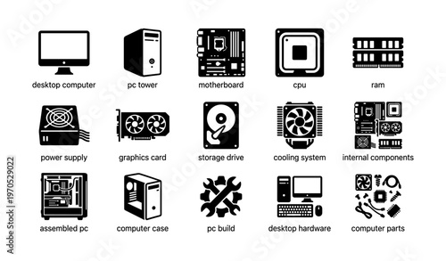Computer hardware icons collection featuring desktop, pc tower, motherboard, cpu, and cooling system