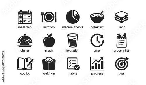 Health and nutrition icons: meal plan, hydration, progress tracking, goal setting, macros