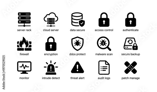 Cybersecurity icons: server, cloud, data, lock, firewall, encryption, malware, backup