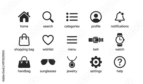 Icon set for home search profile notifications shopping wishlist menu watch