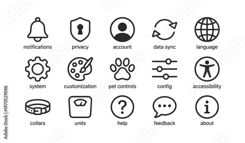 User interface icons for notifications privacy account data sync language system