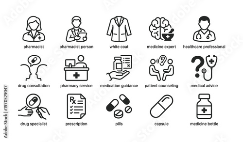Outline icons set for pharmacy and medicine: consultation, prescription, medication