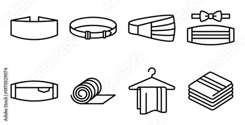 Collection of various men's fashion accessories. belts, cummerbund, clothes, vector outline illustration