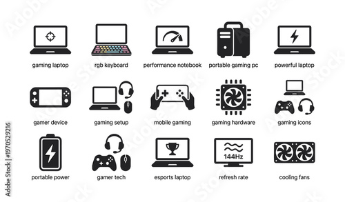 Gaming laptop and accessories icons: rgb keyboard, gaming pc, cooling fans, headset, controller