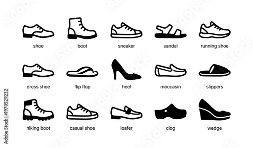Black and white shoe icons: boots, sandals, sneakers, heels, loafers, clogs, wedges