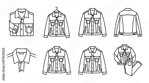 Denim jacket line icons set including folded hanging back front views and collar details with pants